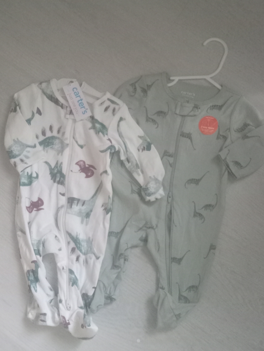 2 Carter's Just One You 3-Month Dino Footed One-Pieces - White & Sage